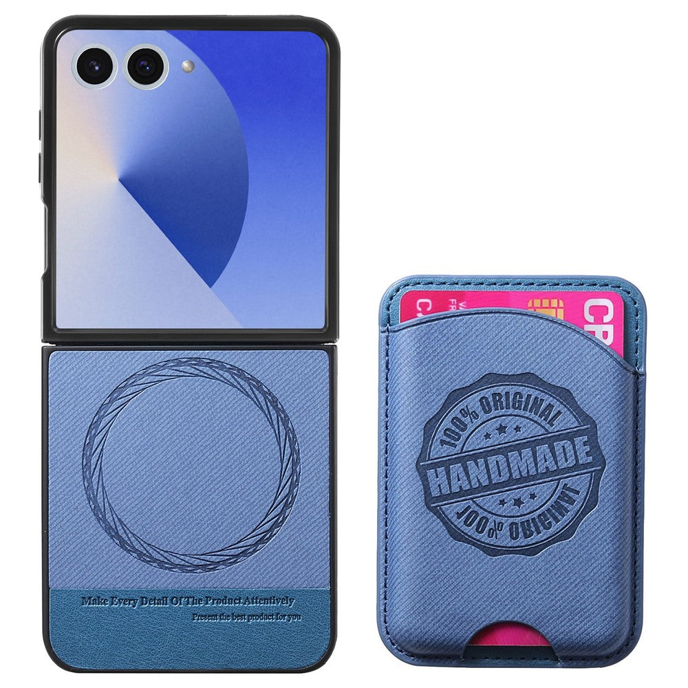 For Samsung Galaxy Z Flip7 5G Case with Card Bag Compatible with MagSafe Denim Texture Leather Back Cover - Blue