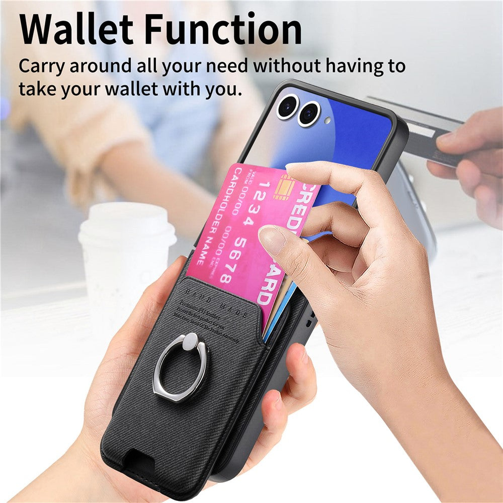 For Samsung Galaxy Z Flip7 5G Case Compatible with MagSafe Twill Texture Leather Back Cover with Card Bag - Black