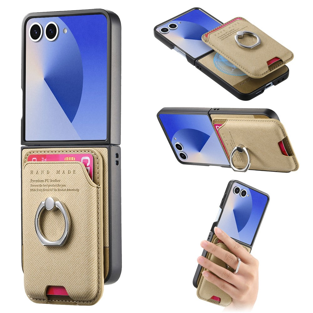 For Samsung Galaxy Z Flip7 5G Case Compatible with MagSafe Twill Texture Leather Back Cover with Card Bag - Khaki