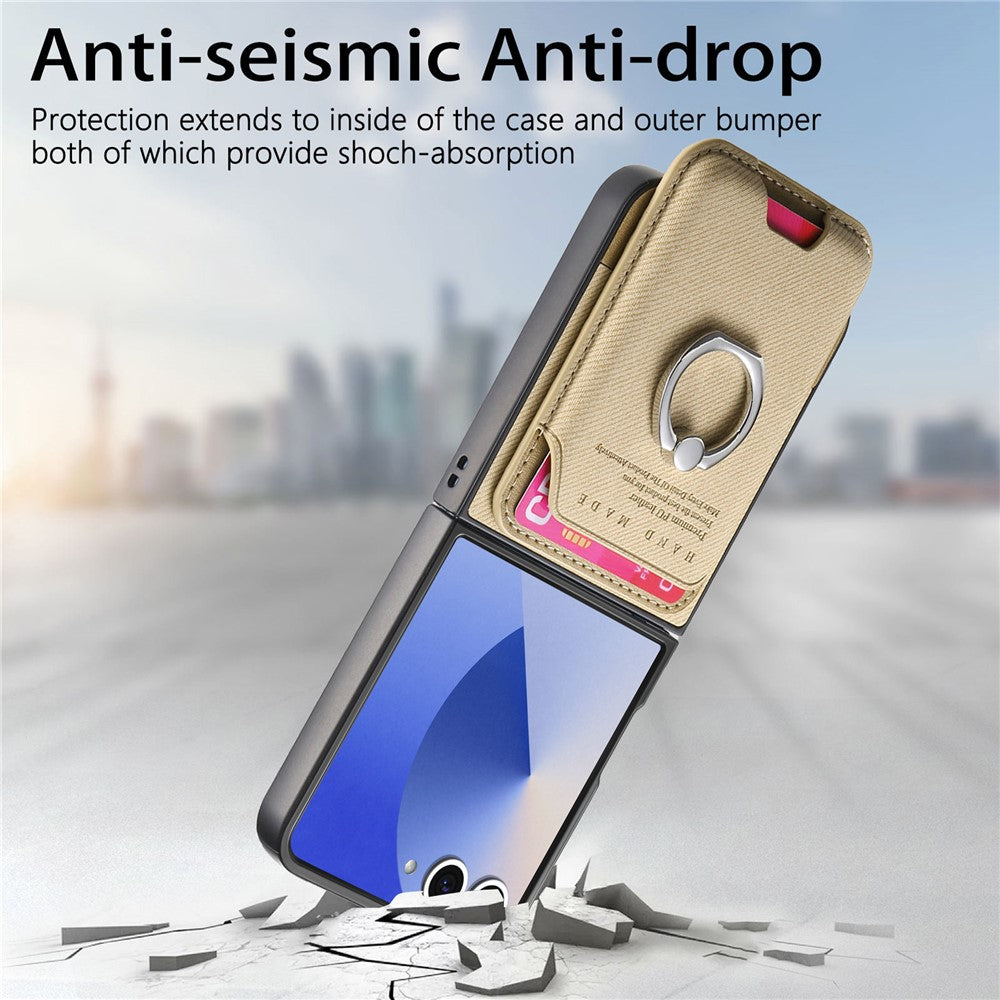 For Samsung Galaxy Z Flip7 5G Case Compatible with MagSafe Twill Texture Leather Back Cover with Card Bag - Khaki