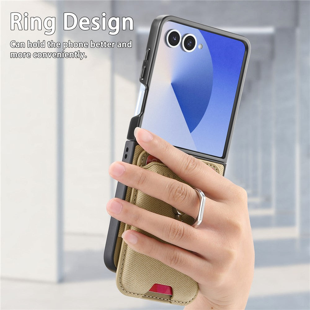 For Samsung Galaxy Z Flip7 5G Case Compatible with MagSafe Twill Texture Leather Back Cover with Card Bag - Khaki