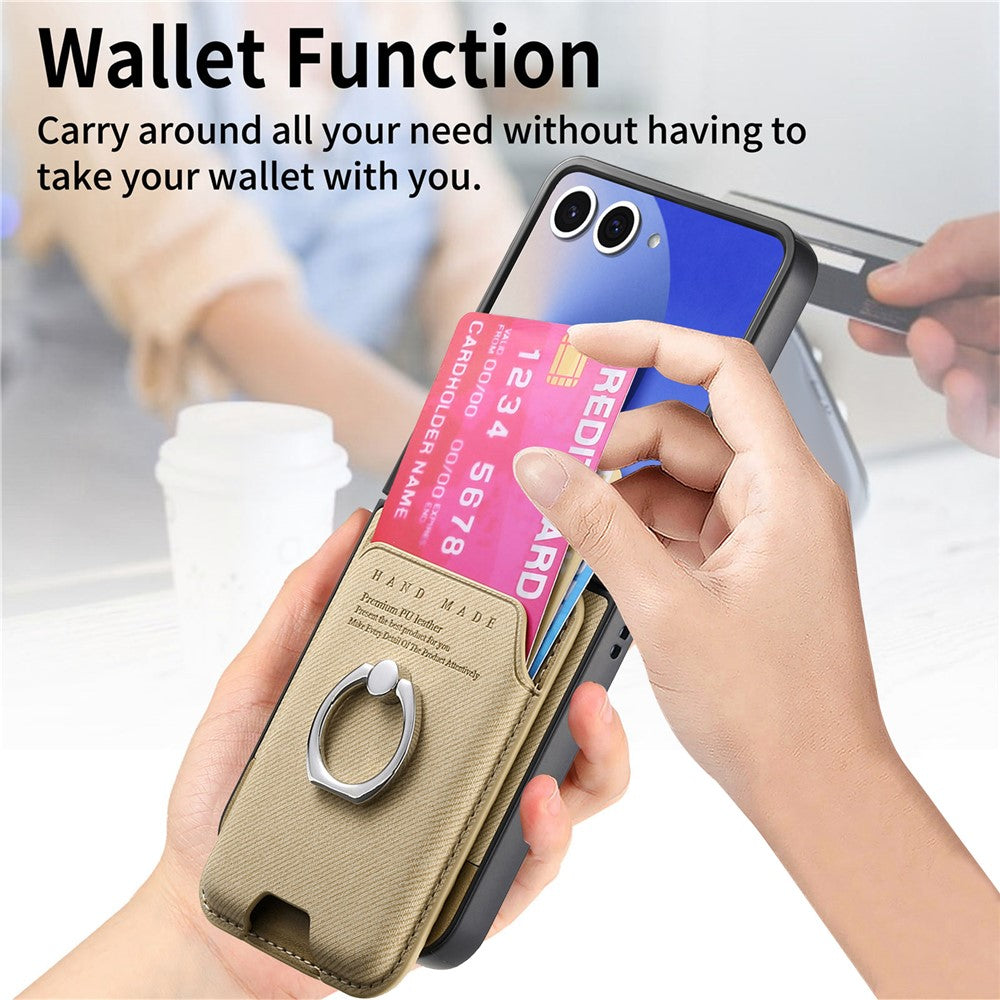 For Samsung Galaxy Z Flip7 5G Case Compatible with MagSafe Twill Texture Leather Back Cover with Card Bag - Khaki