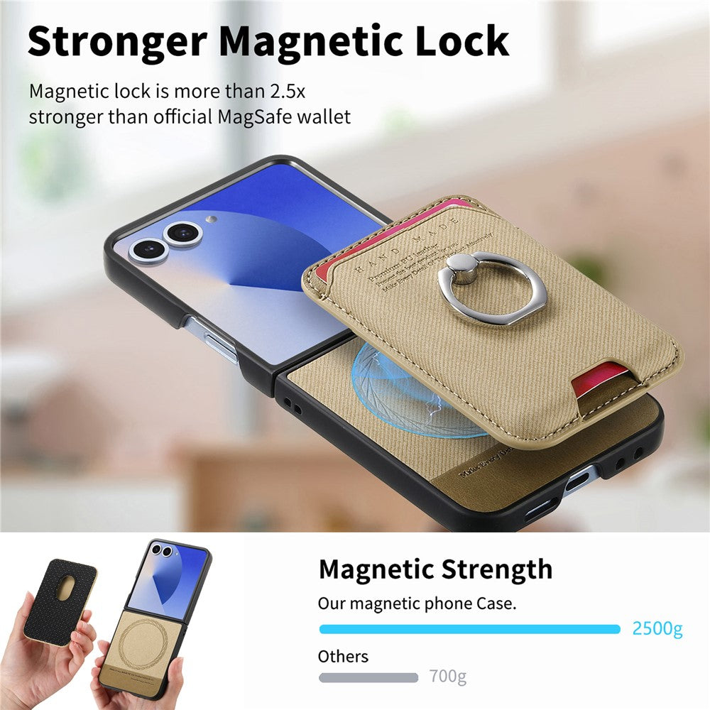 For Samsung Galaxy Z Flip7 5G Case Compatible with MagSafe Twill Texture Leather Back Cover with Card Bag - Khaki