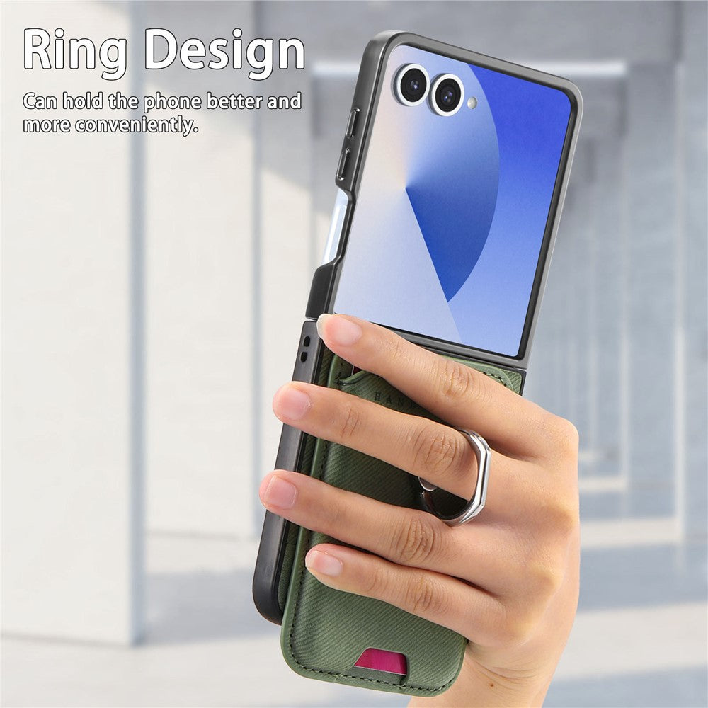For Samsung Galaxy Z Flip7 5G Case Compatible with MagSafe Twill Texture Leather Back Cover with Card Bag - Green