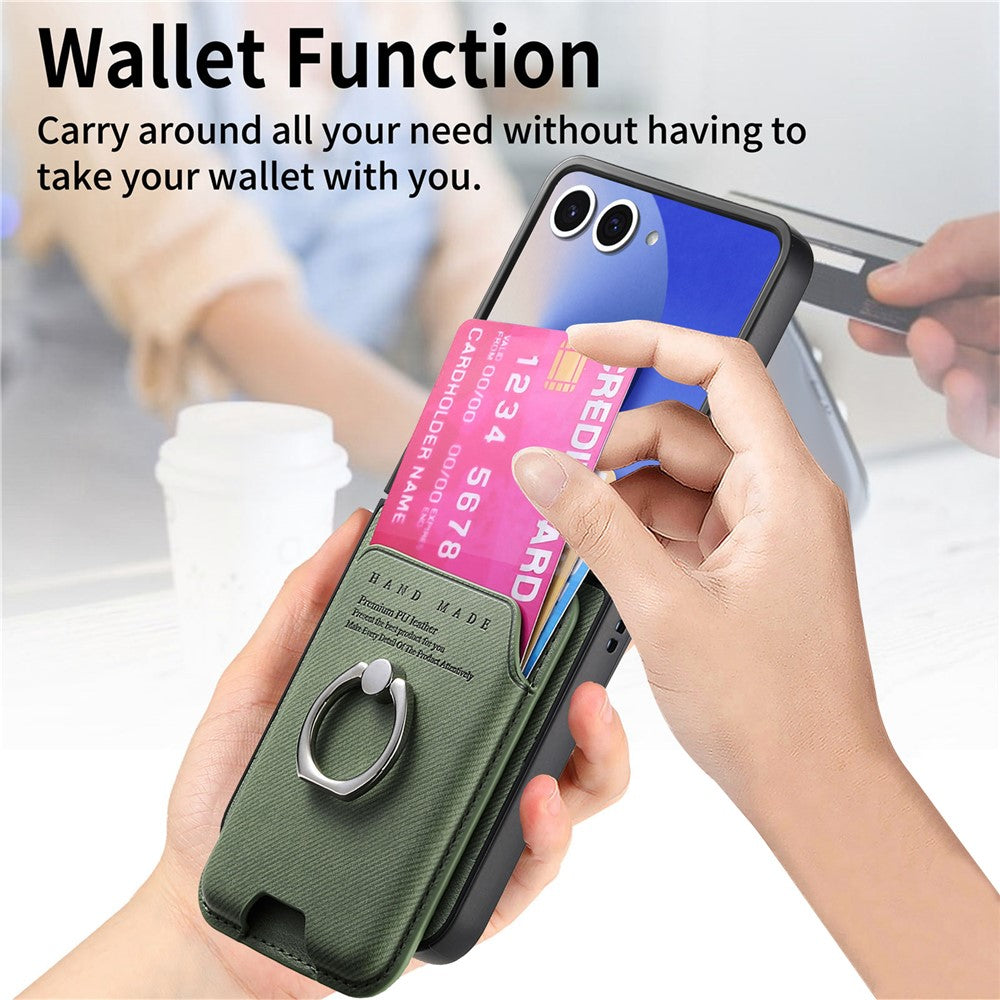 For Samsung Galaxy Z Flip7 5G Case Compatible with MagSafe Twill Texture Leather Back Cover with Card Bag - Green