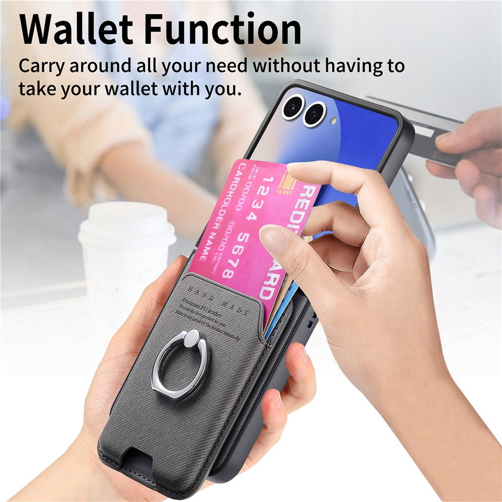 For Samsung Galaxy Z Flip7 5G Case Compatible with MagSafe Twill Texture Leather Back Cover with Card Bag - Grey