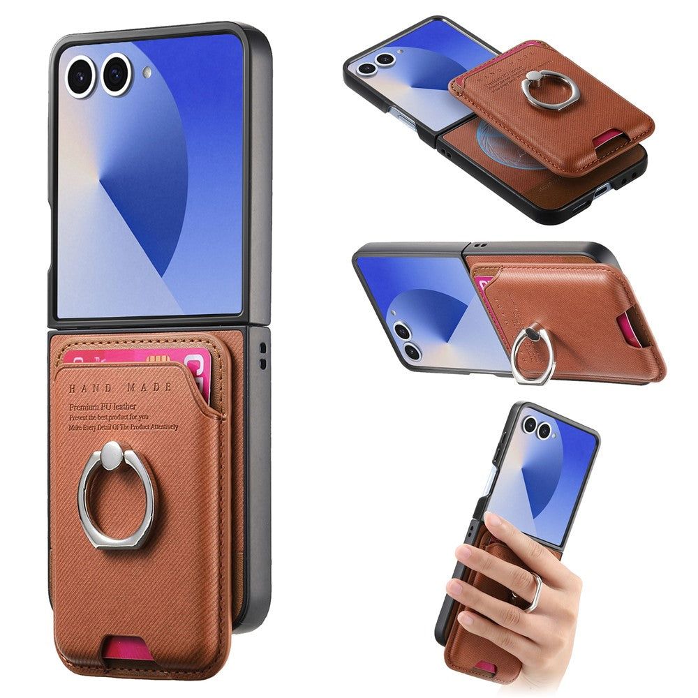 For Samsung Galaxy Z Flip7 5G Case Compatible with MagSafe Twill Texture Leather Back Cover with Card Bag - Brown