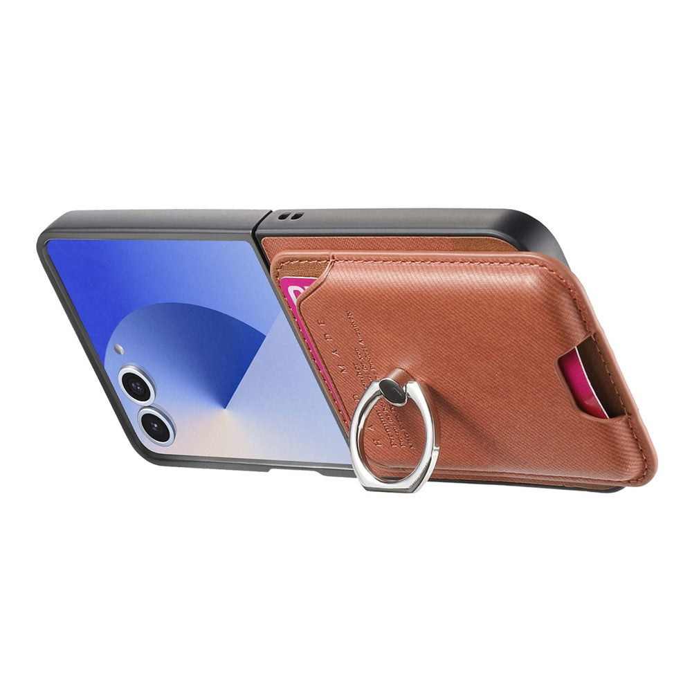 For Samsung Galaxy Z Flip7 5G Case Compatible with MagSafe Twill Texture Leather Back Cover with Card Bag - Brown