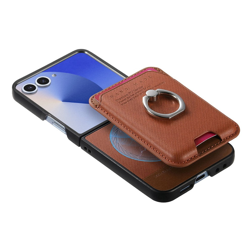 For Samsung Galaxy Z Flip7 5G Case Compatible with MagSafe Twill Texture Leather Back Cover with Card Bag - Brown