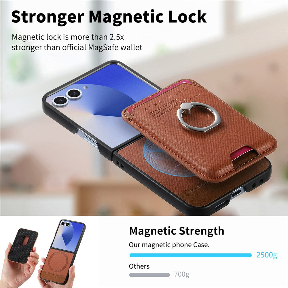 For Samsung Galaxy Z Flip7 5G Case Compatible with MagSafe Twill Texture Leather Back Cover with Card Bag - Brown