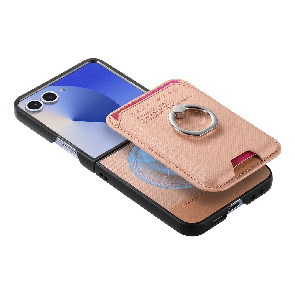 For Samsung Galaxy Z Flip7 5G Case Compatible with MagSafe Twill Texture Leather Back Cover with Card Bag - Pink