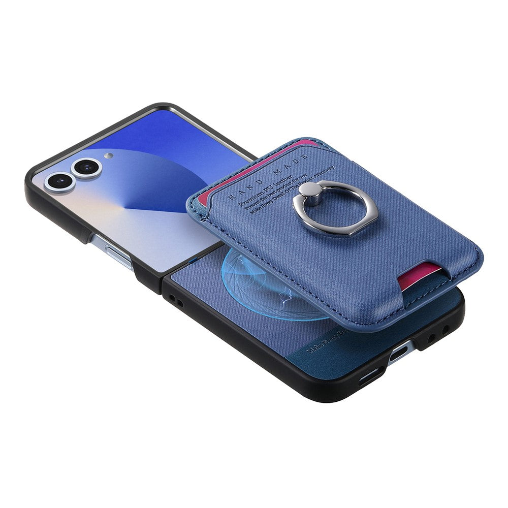 For Samsung Galaxy Z Flip7 5G Case Compatible with MagSafe Twill Texture Leather Back Cover with Card Bag - Blue