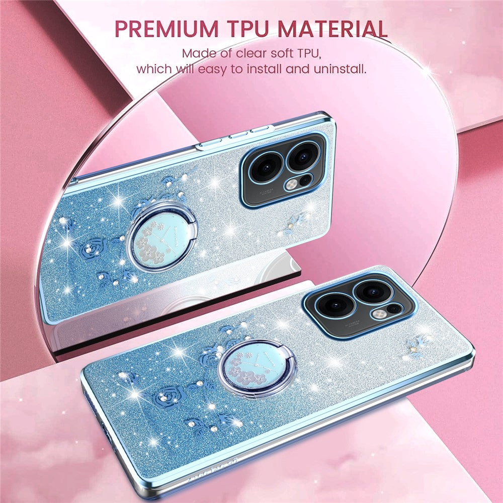 KADEM For Oppo Reno13 F 5G Case Ring Kickstand TPU Flowers Phone Cover Gradient Glitter - Blue
