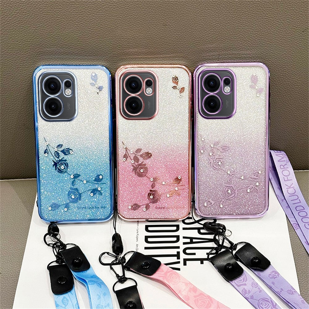 KADEM For Oppo Reno13 F 5G Case Flower Pattern TPU Gradient Phone Cover with Lanyards - Rose Gold