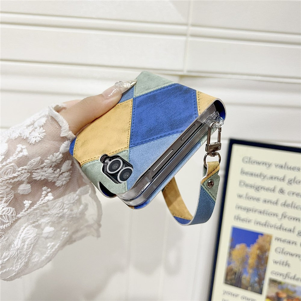 For Samsung Galaxy Z Flip7 FE 5G / Z Flip6 5G Case Retro Rhombus Cat Claw Clasp PU + PC Phone Cover with Strap - Blue  /  Yellow