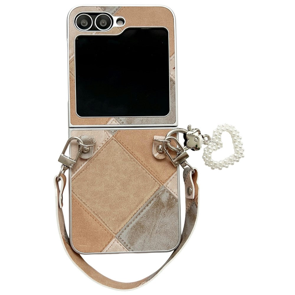 For Samsung Galaxy Z Flip7 FE 5G / Z Flip6 5G Case Retro Rhombus PU + PC Phone Cover with Love Pendant and Strap - Khaki