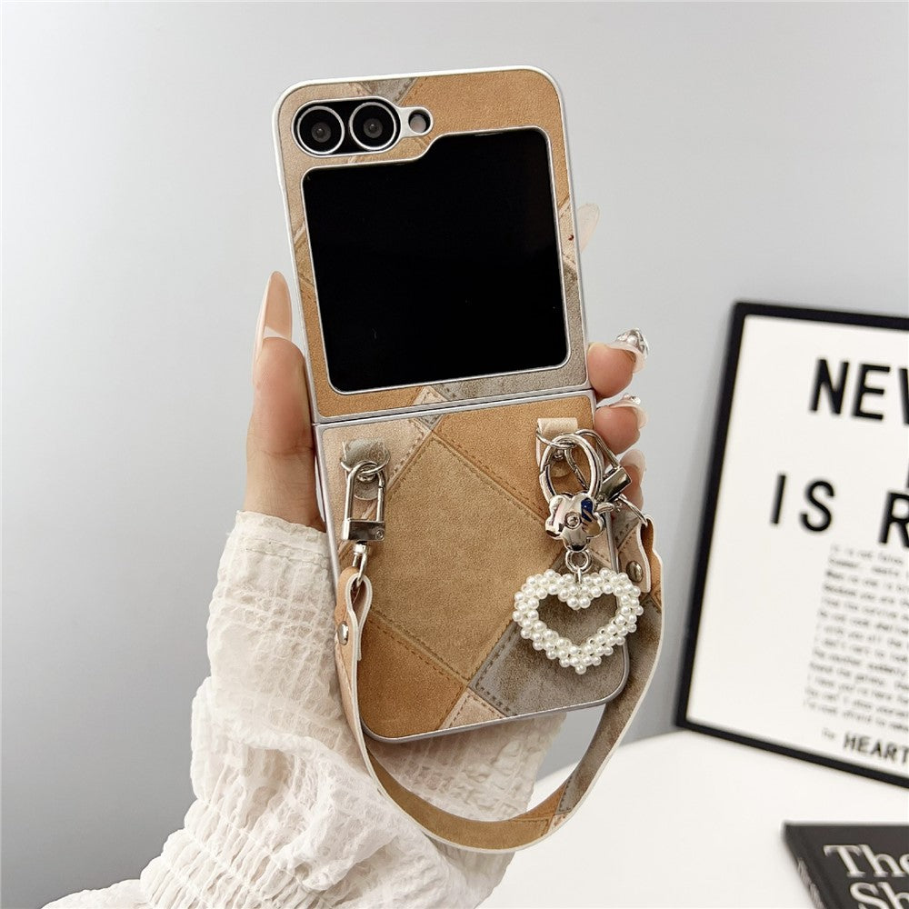 For Samsung Galaxy Z Flip7 FE 5G / Z Flip6 5G Case Retro Rhombus PU + PC Phone Cover with Love Pendant and Strap - Khaki