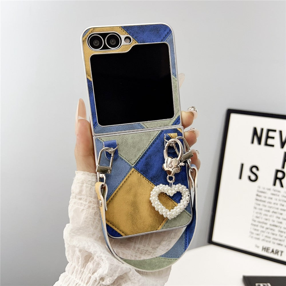 For Samsung Galaxy Z Flip7 FE 5G / Z Flip6 5G Case Retro Rhombus PU + PC Phone Cover with Love Pendant and Strap - Blue  /  Yellow