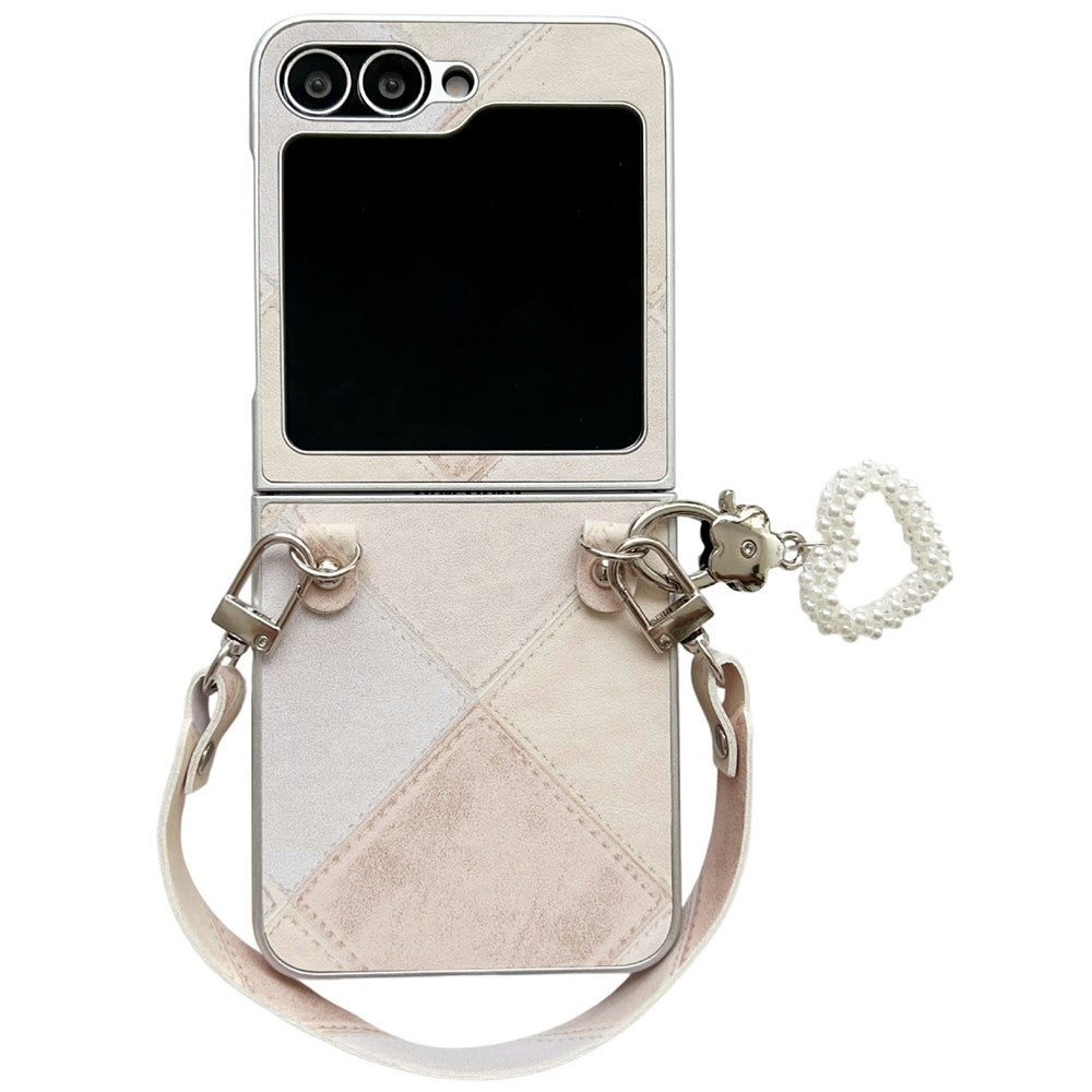 For Samsung Galaxy Z Flip7 FE 5G / Z Flip6 5G Case Retro Rhombus PU + PC Phone Cover with Love Pendant and Strap - Beige