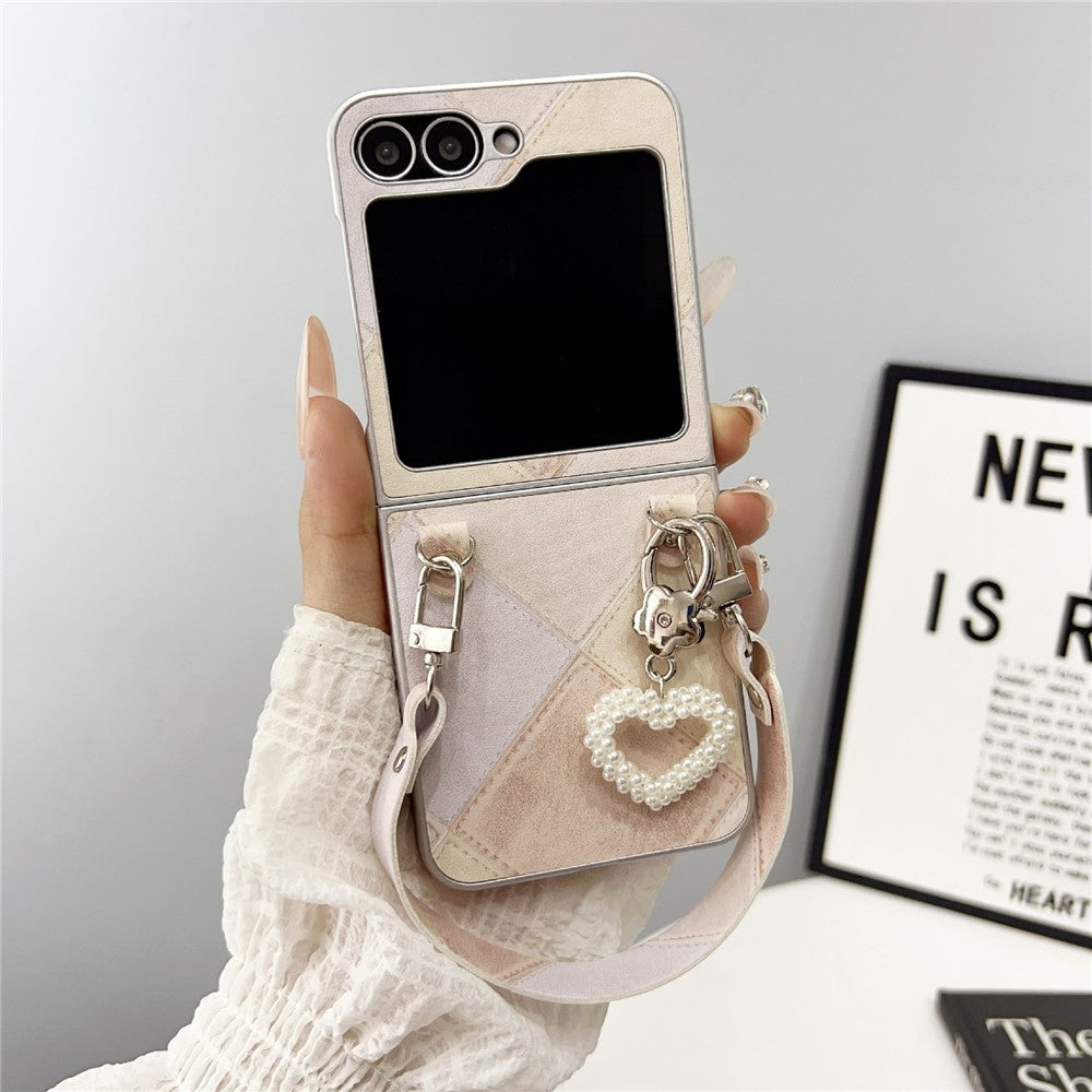 For Samsung Galaxy Z Flip7 FE 5G / Z Flip6 5G Case Retro Rhombus PU + PC Phone Cover with Love Pendant and Strap - Beige