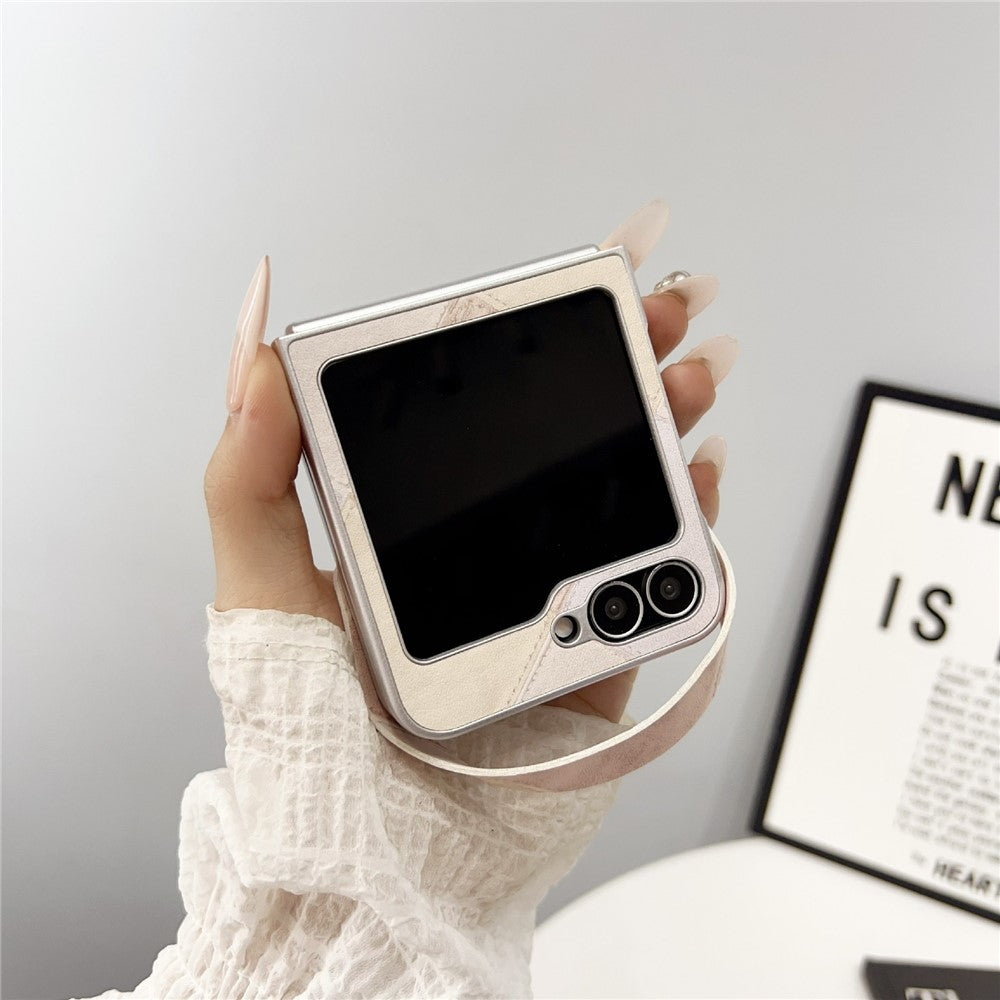 For Samsung Galaxy Z Flip7 FE 5G / Z Flip6 5G Case Retro Rhombus PU + PC Phone Cover with Love Pendant and Strap - Beige