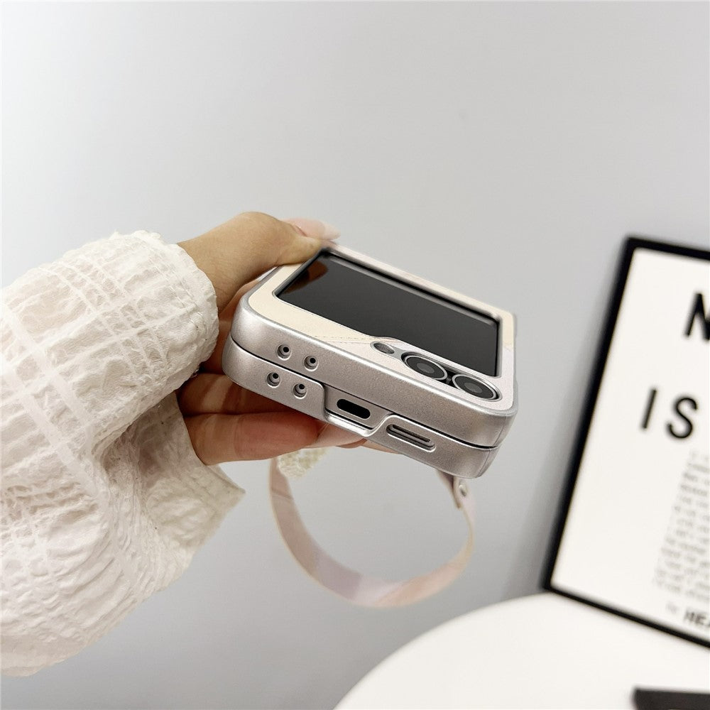 For Samsung Galaxy Z Flip7 FE 5G / Z Flip6 5G Case Retro Rhombus PU + PC Phone Cover with Love Pendant and Strap - Beige