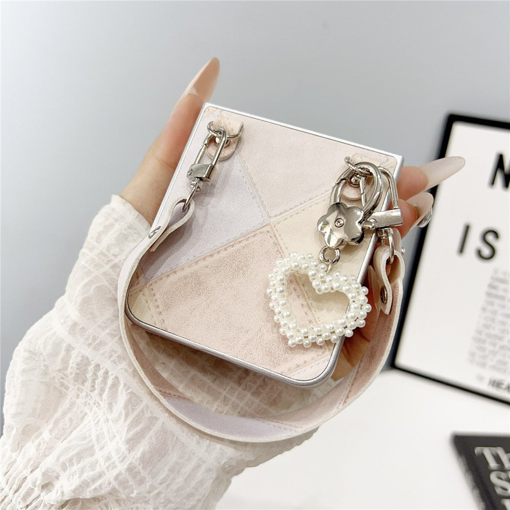 For Samsung Galaxy Z Flip7 FE 5G / Z Flip6 5G Case Retro Rhombus PU + PC Phone Cover with Love Pendant and Strap - Beige