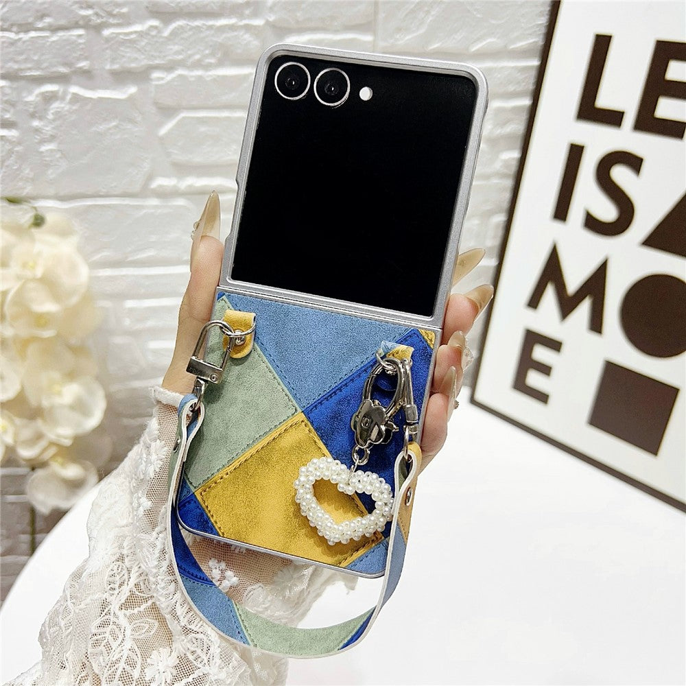 For Samsung Galaxy Z Flip7 5G Case Retro Rhombus PU + PC Phone Cover with Love Pendant and Strap - Blue / Yellow