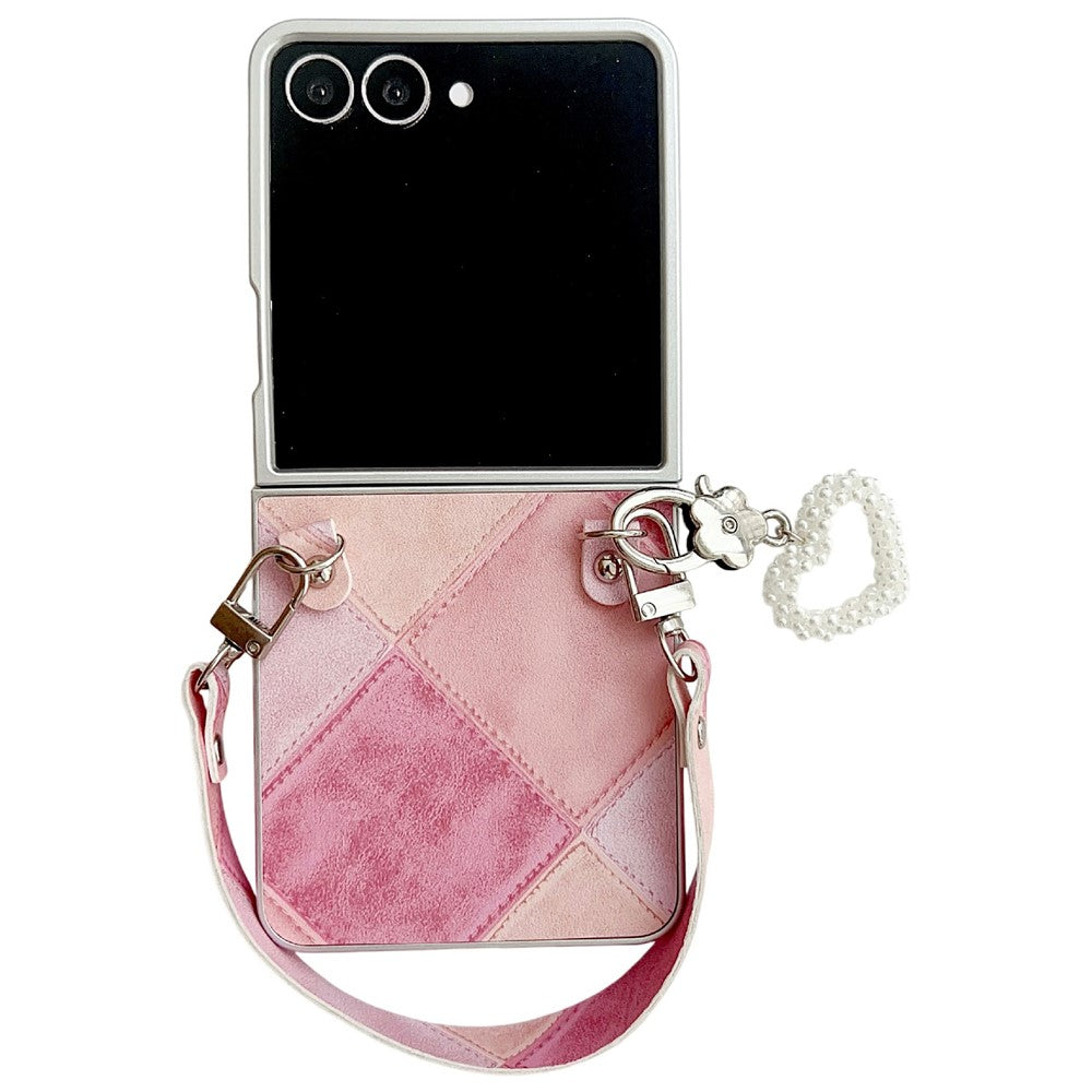 For Samsung Galaxy Z Flip7 5G Case Retro Rhombus PU + PC Phone Cover with Love Pendant and Strap - Pink