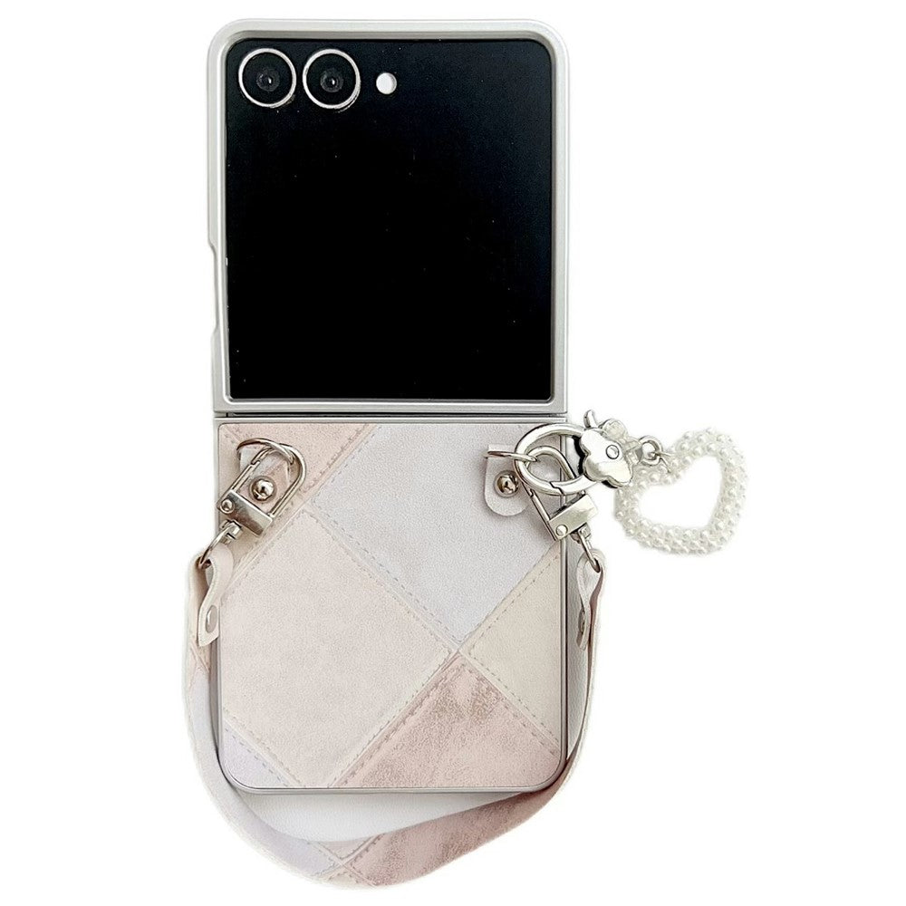 For Samsung Galaxy Z Flip7 5G Case Retro Rhombus PU + PC Phone Cover with Love Pendant and Strap - Beige