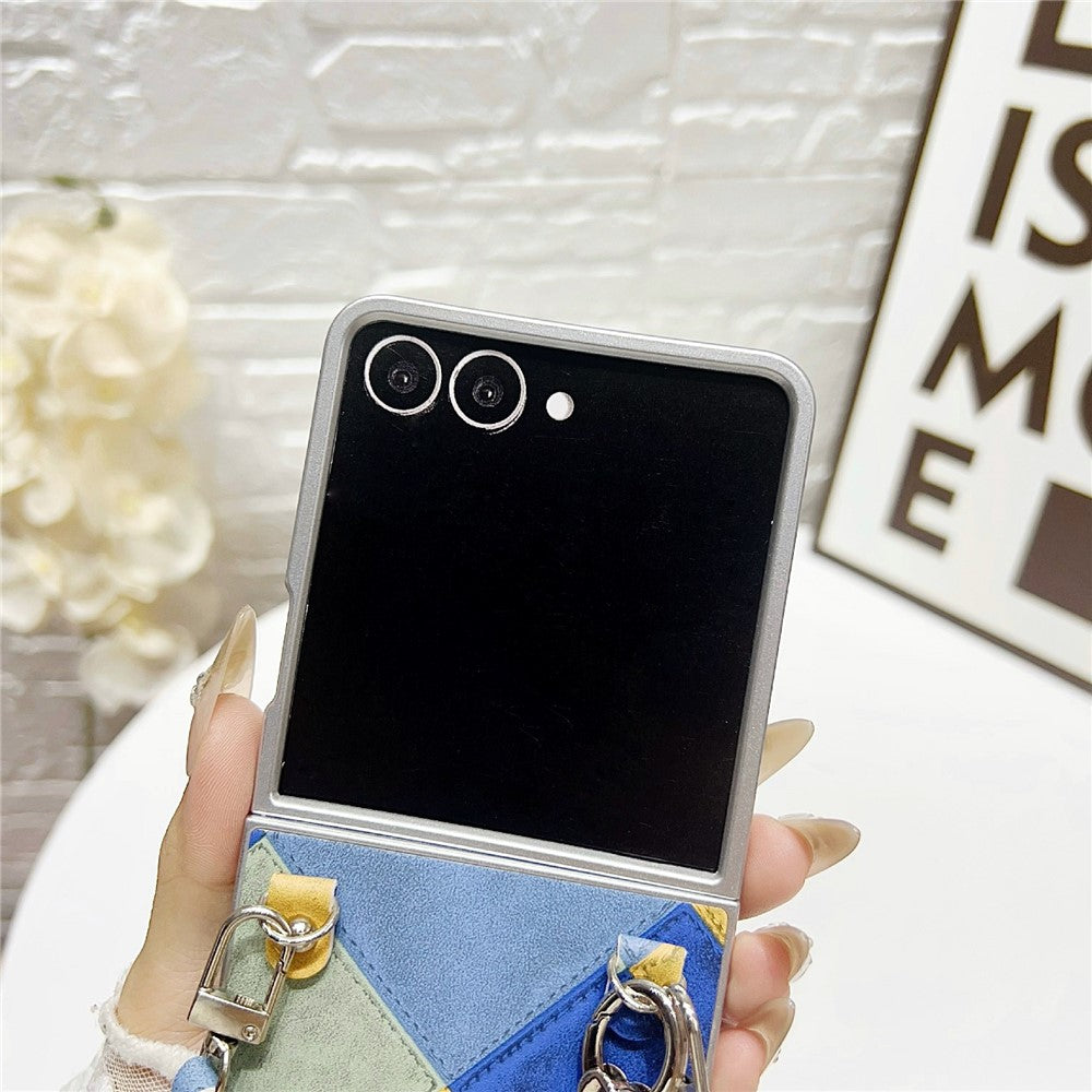 For Samsung Galaxy Z Flip7 5G Case Retro Rhombus PU + PC Phone Cover with Love Pendant and Strap - Beige