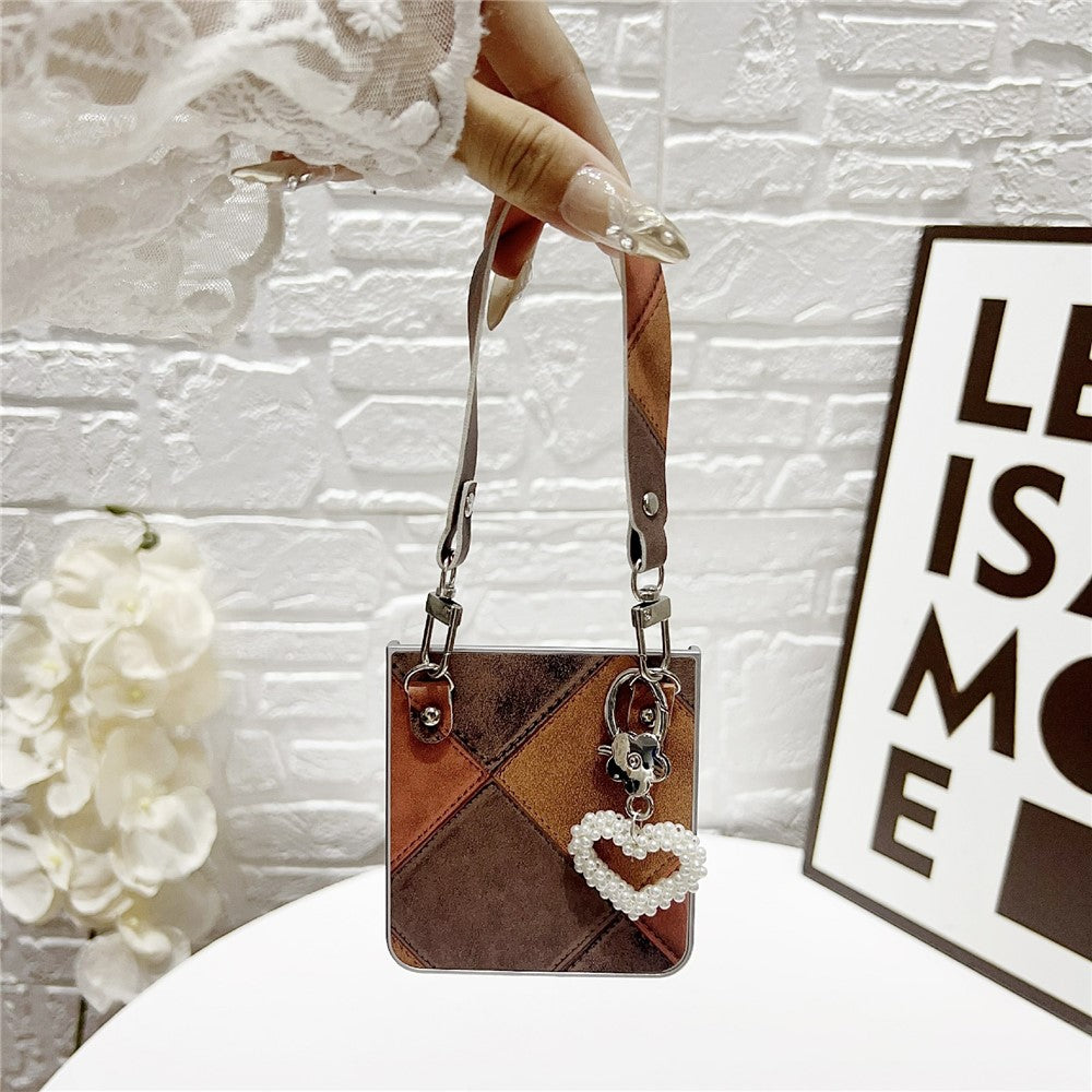 For Samsung Galaxy Z Flip7 5G Case Retro Rhombus PU + PC Phone Cover with Love Pendant and Strap - Beige