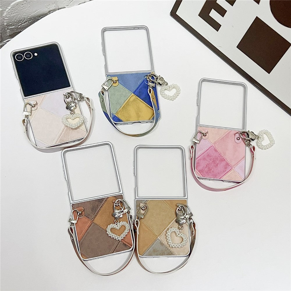 For Samsung Galaxy Z Flip7 5G Case Retro Rhombus PU + PC Phone Cover with Love Pendant and Strap - Beige