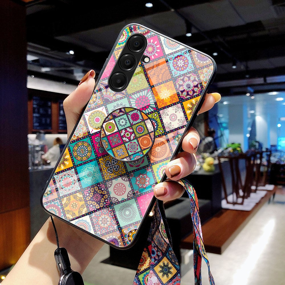 For Samsung Galaxy A17 5G Case Kickstand Ethnic Pattern Tempered Glass Phone Cover with Strap - Checkered Pattern