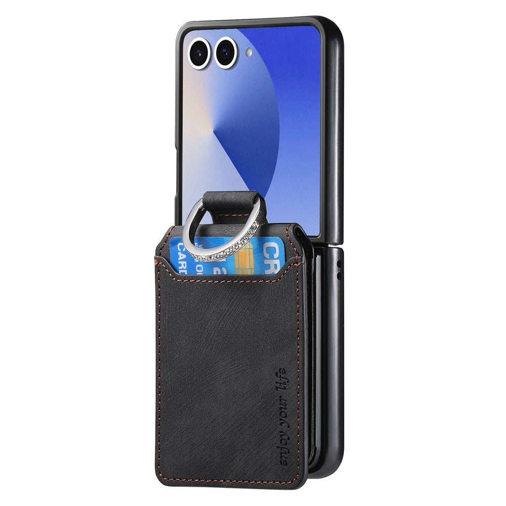 For Samsung Galaxy Z Flip7 5G Case Card Holder Kickstand Retro Texture Leather Back Cover - Black