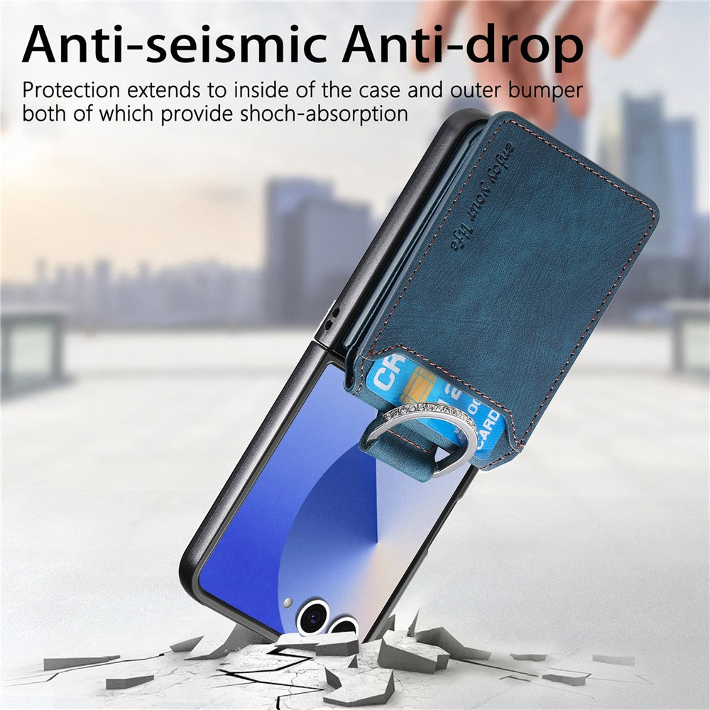 For Samsung Galaxy Z Flip7 5G Case Card Holder Kickstand Retro Texture Leather Back Cover - Blue