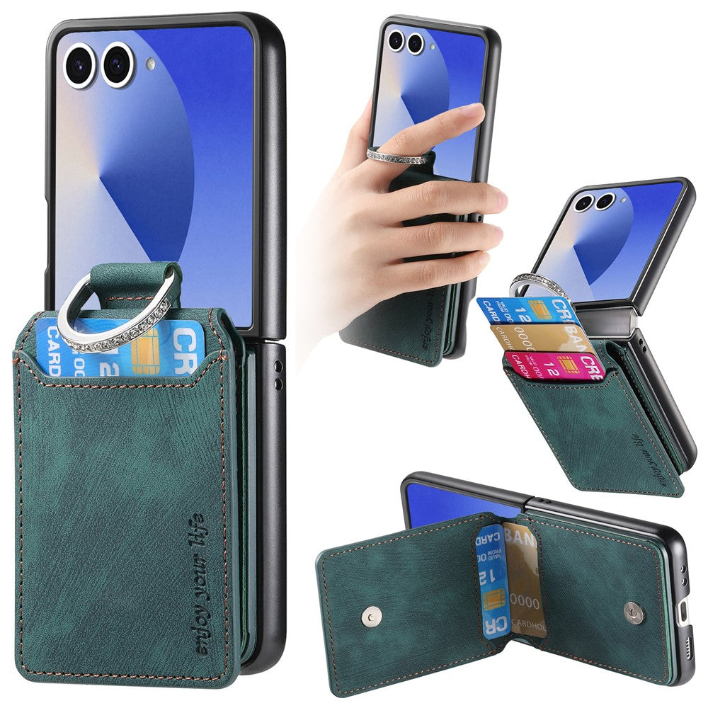 For Samsung Galaxy Z Flip7 5G Case Card Holder Kickstand Retro Texture Leather Back Cover - Green