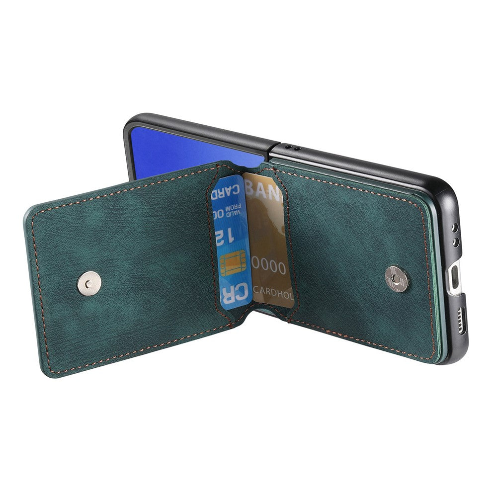 For Samsung Galaxy Z Flip7 5G Case Card Holder Kickstand Retro Texture Leather Back Cover - Green