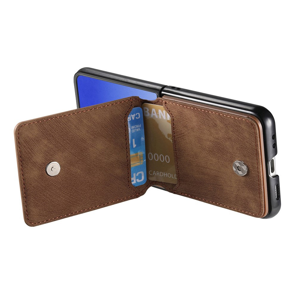 For Samsung Galaxy Z Flip7 5G Case Card Holder Kickstand Retro Texture Leather Back Cover - Brown