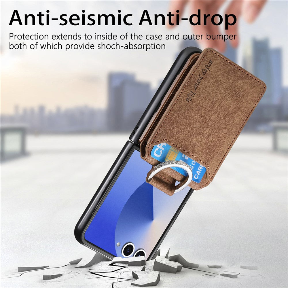 For Samsung Galaxy Z Flip7 5G Case Card Holder Kickstand Retro Texture Leather Back Cover - Brown