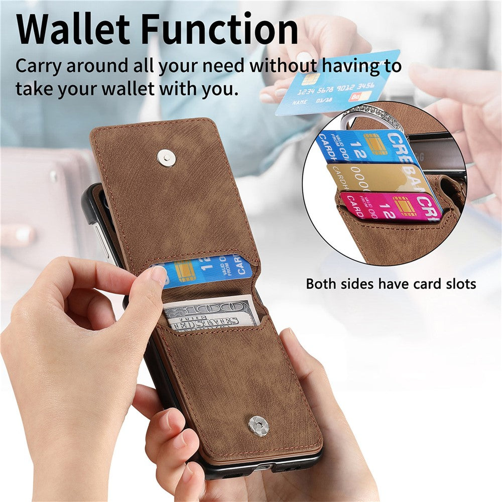 For Samsung Galaxy Z Flip7 5G Case Card Holder Kickstand Retro Texture Leather Back Cover - Brown