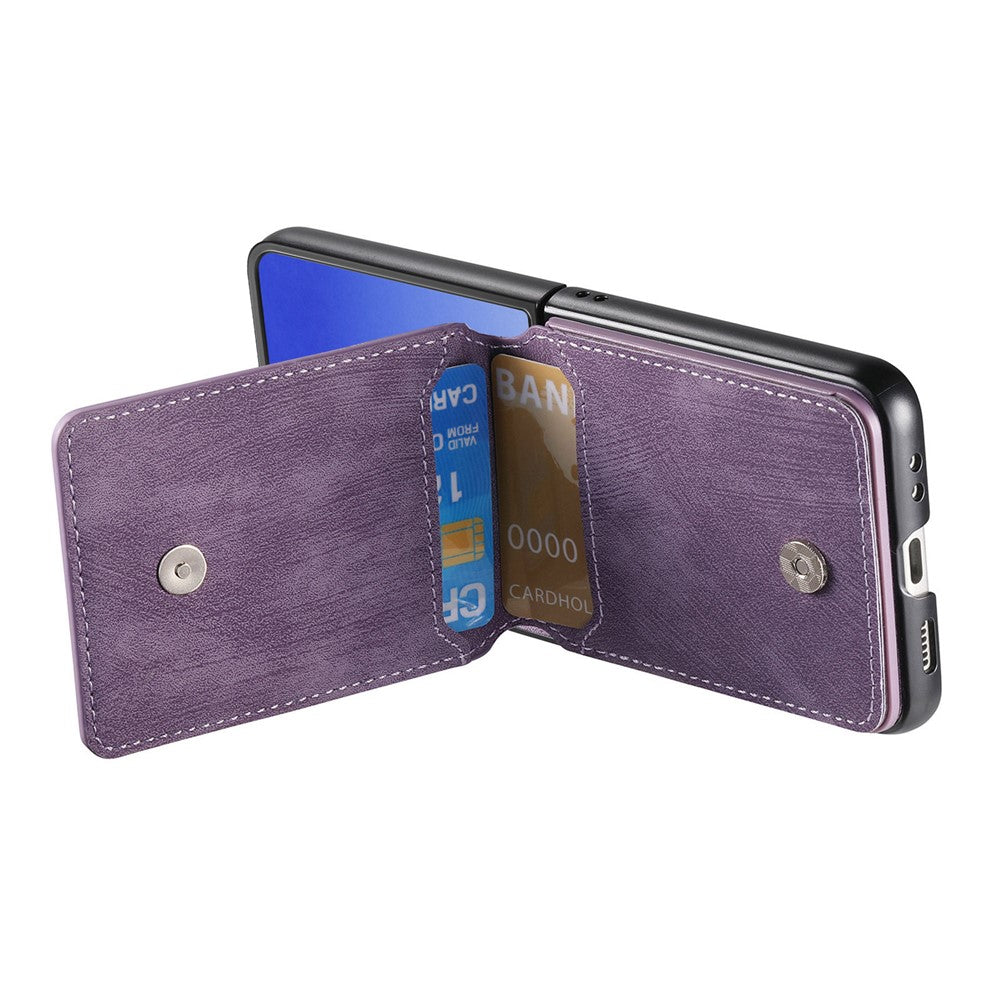 For Samsung Galaxy Z Flip7 5G Case Card Holder Kickstand Retro Texture Leather Back Cover - Purple