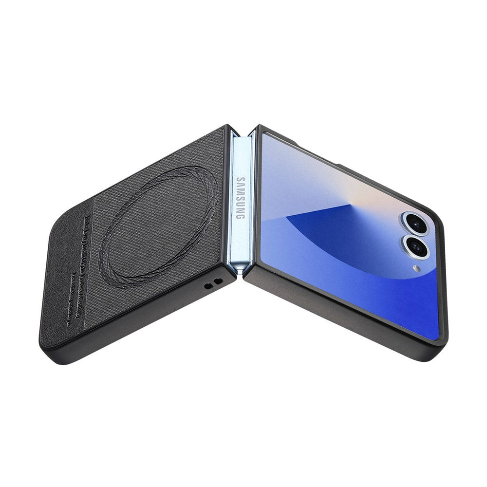 For Samsung Galaxy Z Flip7 5G Case Compatible with MagSafe Denim Texture Leather + PC Shockproof Phone Cover - Black