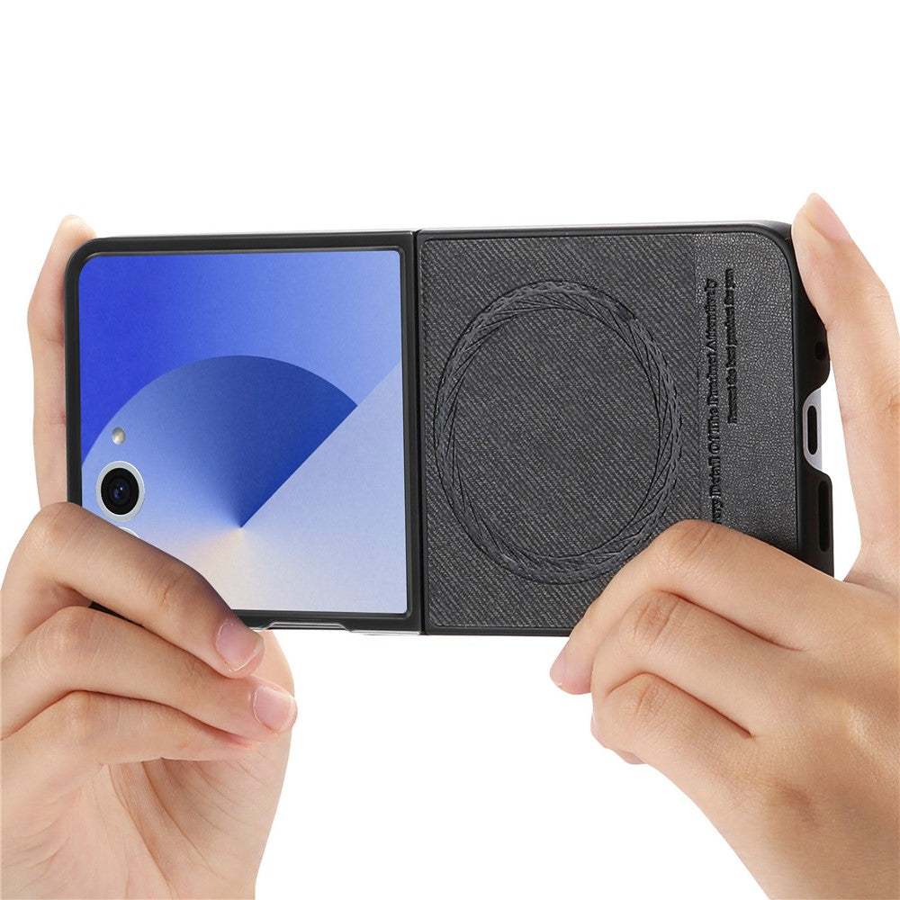 For Samsung Galaxy Z Flip7 5G Case Compatible with MagSafe Denim Texture Leather + PC Shockproof Phone Cover - Black