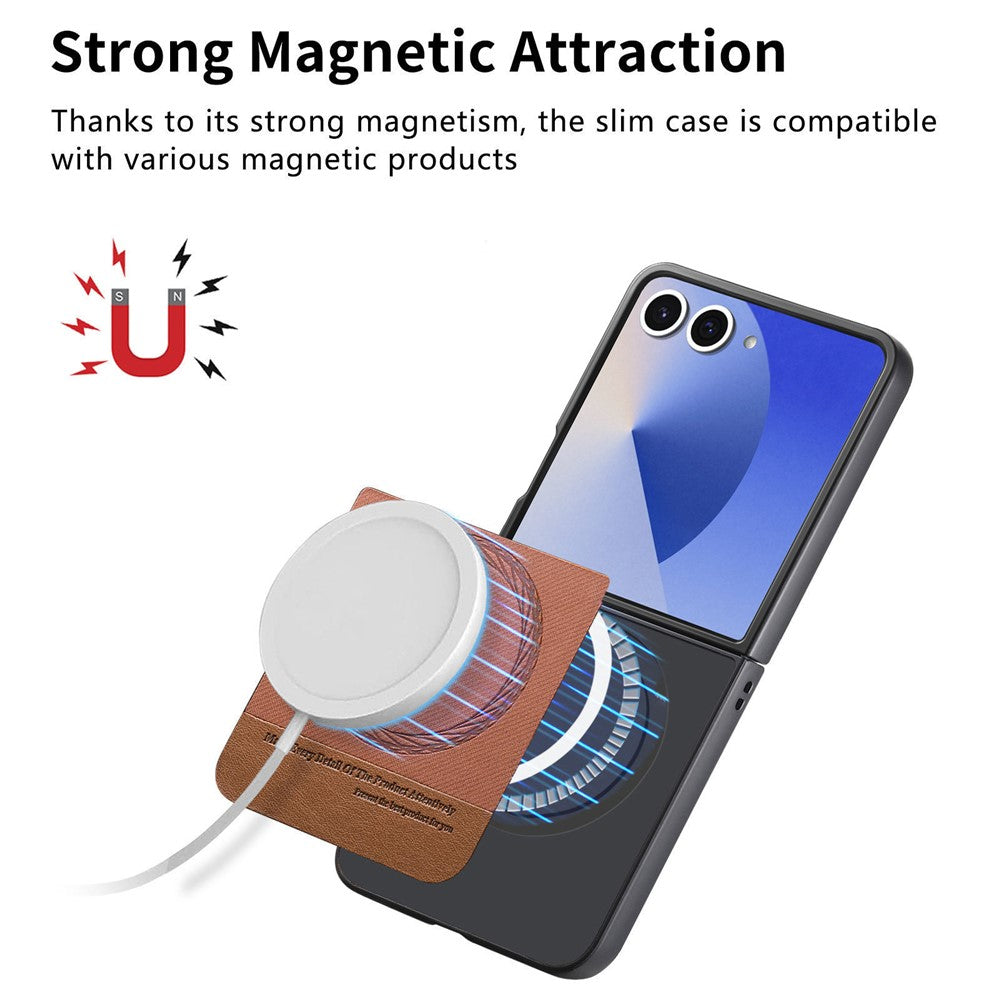 For Samsung Galaxy Z Flip7 5G Case Compatible with MagSafe Denim Texture Leather + PC Shockproof Phone Cover - Brown