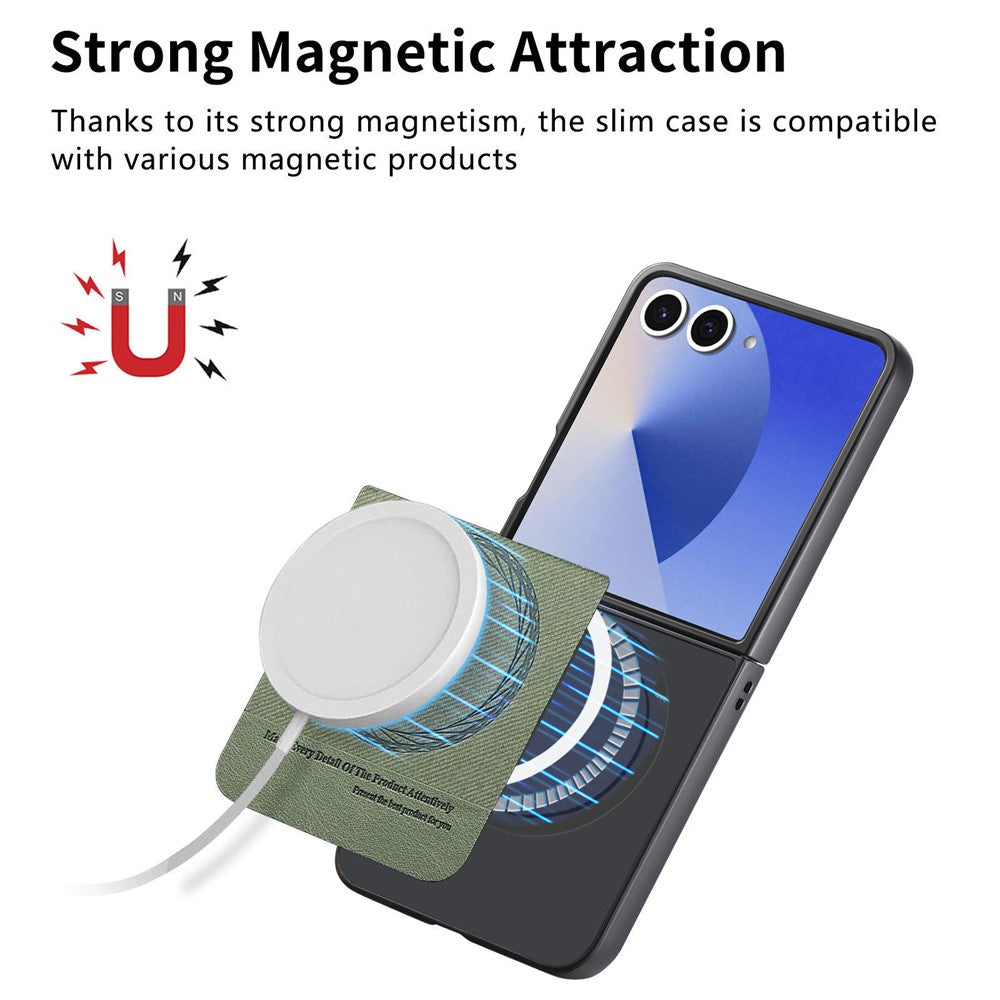 For Samsung Galaxy Z Flip7 5G Case Compatible with MagSafe Denim Texture Leather + PC Shockproof Phone Cover - Green
