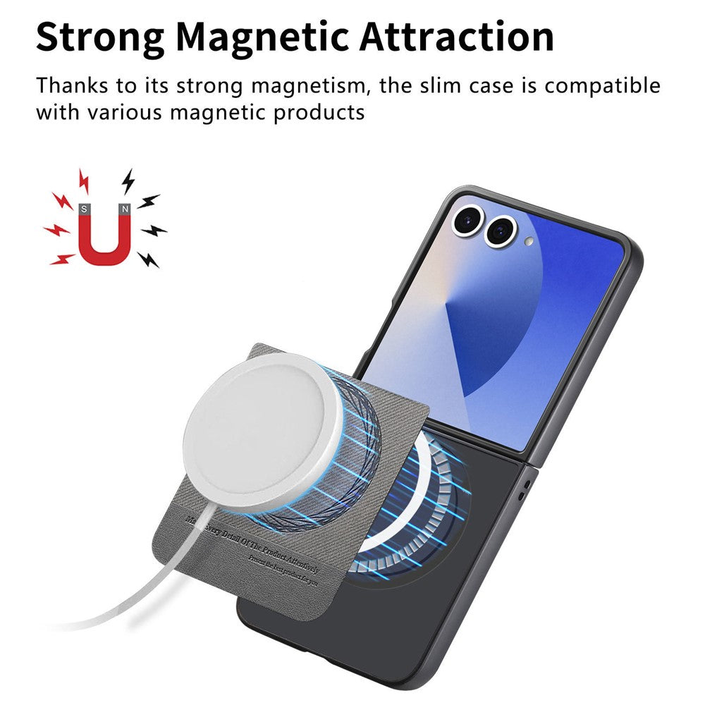 For Samsung Galaxy Z Flip7 5G Case Compatible with MagSafe Denim Texture Leather + PC Shockproof Phone Cover - Grey