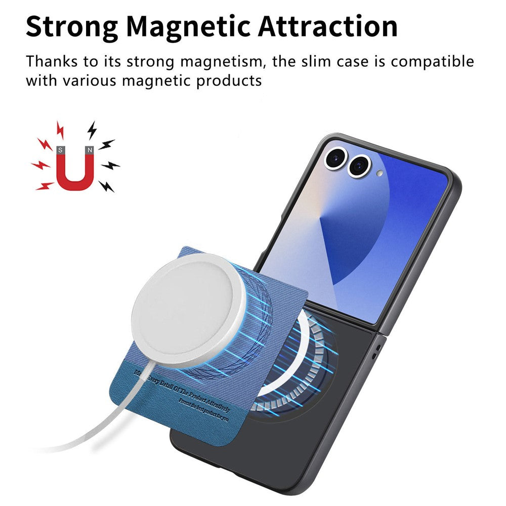 For Samsung Galaxy Z Flip7 5G Case Compatible with MagSafe Denim Texture Leather + PC Shockproof Phone Cover - Blue