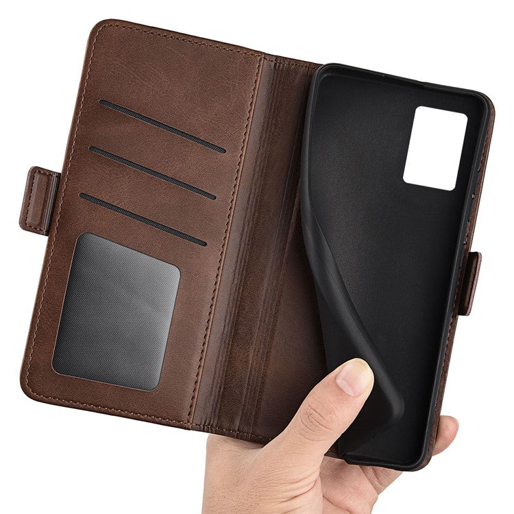 For Motorola Edge 30 Neo 5G / Edge 30 Lite Calf Texture PU Leather Phone Case Stand Function Flip Wallet Cover with Dual Magnetic Clasp - Brown