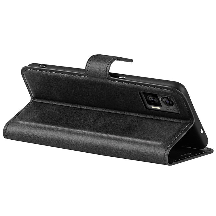 For Motorola Edge 30 Neo 5G / Edge 30 Lite Calf Textured PU Leather Flip Phone Case Square Magnetic Clasp Stand Wallet Shockproof Folio Cover - Black